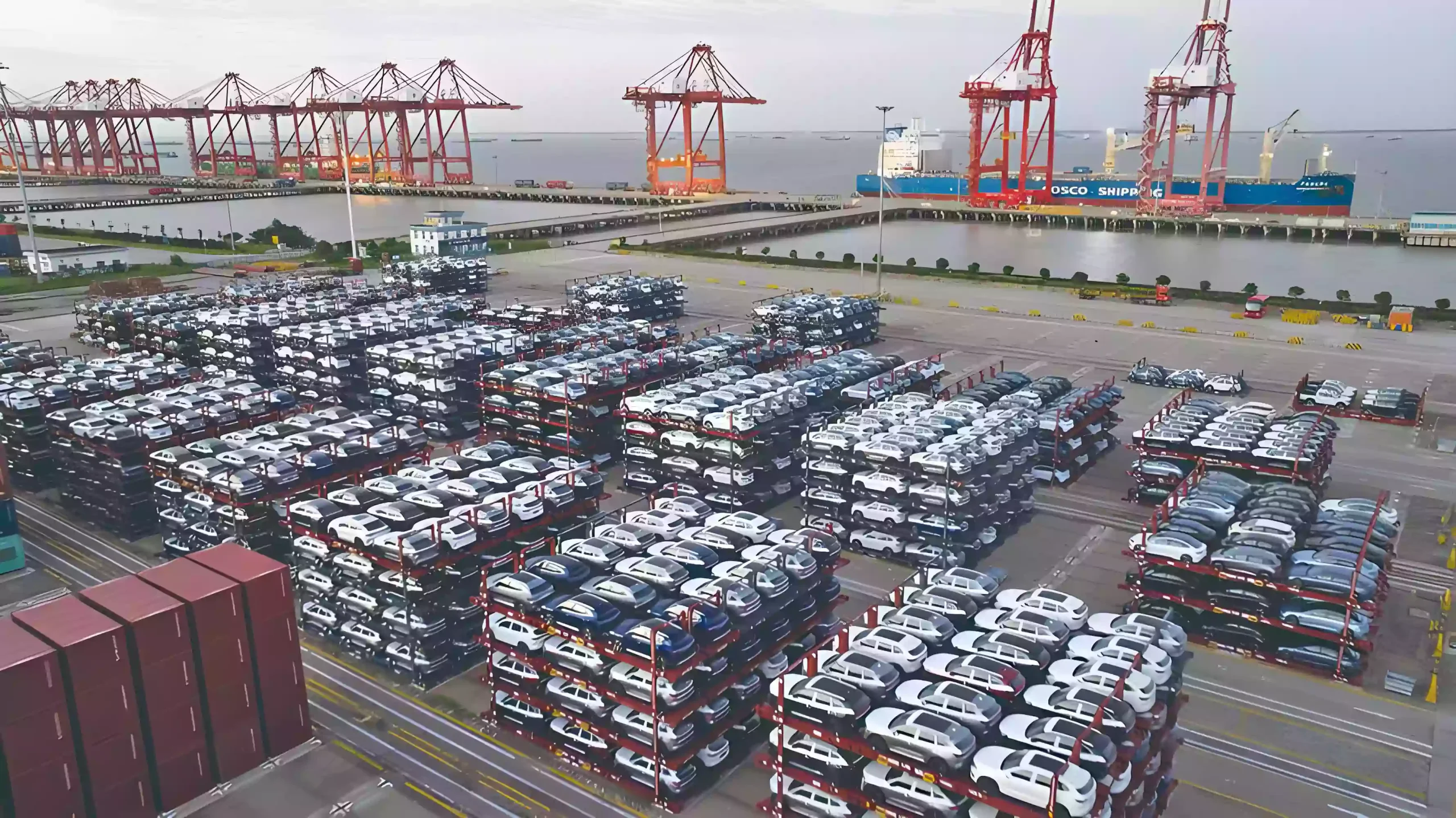 New cars in frames waiting for export